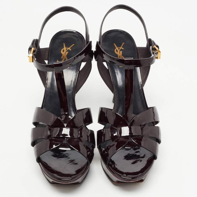 مملوكة مسبقًا Saint Laurent Paris Burgundy Patent Leather Tribute Sandals Size 41