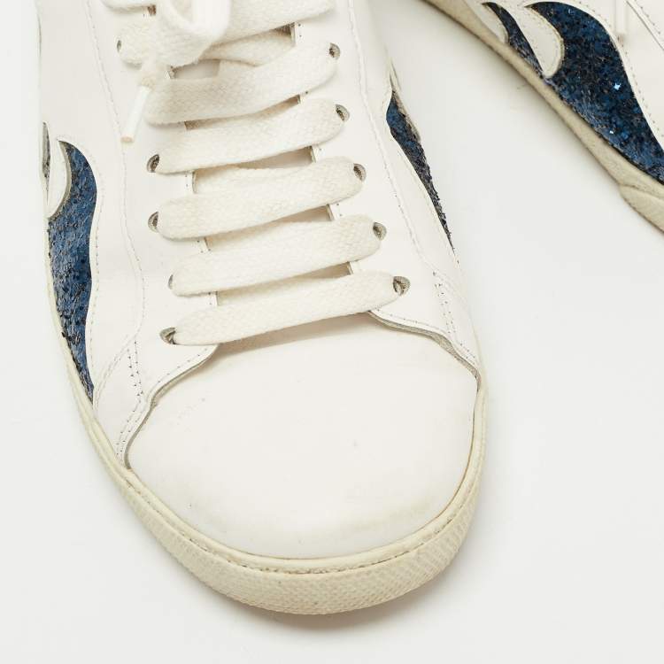 Pre Owned Saint Laurent Paris White/Blue Glitter and Leather  Lace Up  Sneakers Size 37