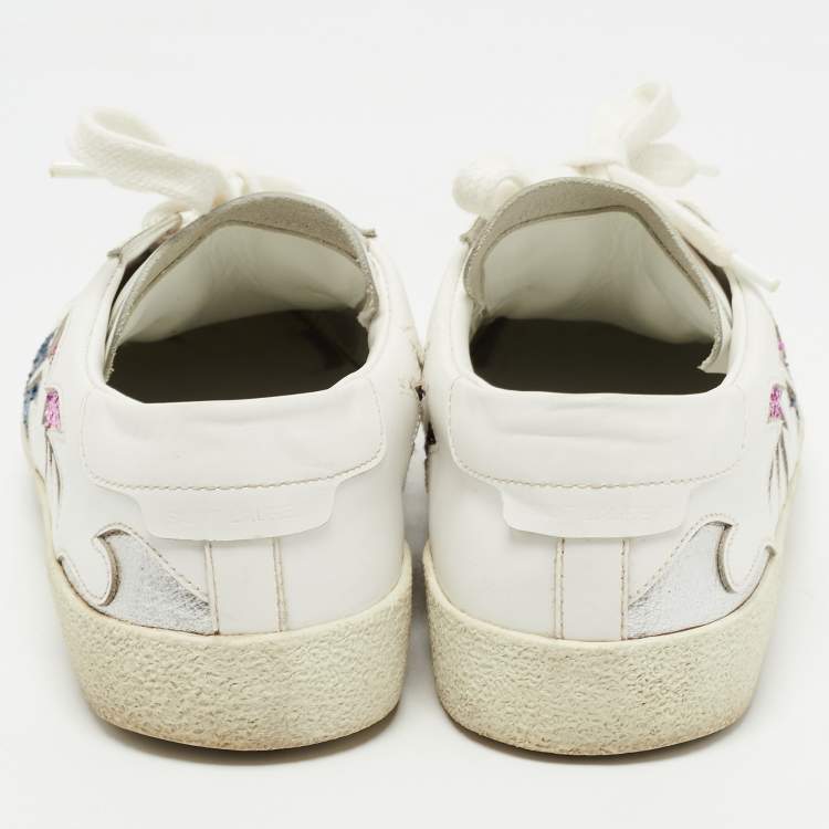 Pre Owned Saint Laurent Paris White/Blue Glitter and Leather  Lace Up  Sneakers Size 37