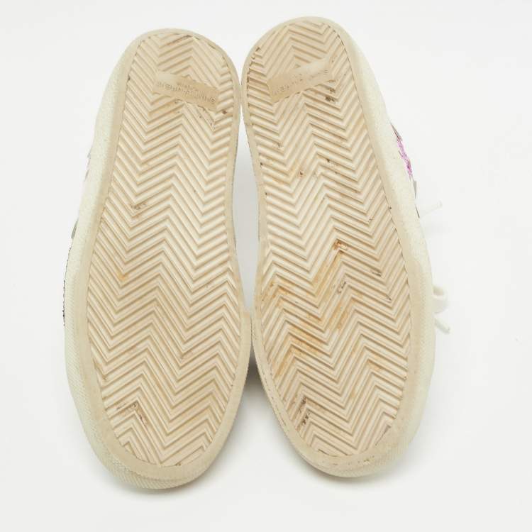 Pre Owned Saint Laurent Paris White/Blue Glitter and Leather  Lace Up  Sneakers Size 37