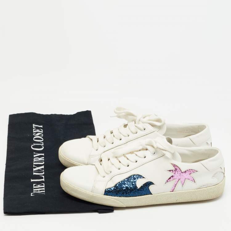 Pre Owned Saint Laurent Paris White/Blue Glitter and Leather  Lace Up  Sneakers Size 37