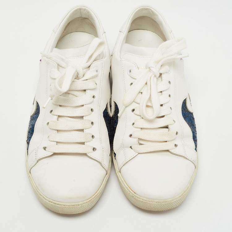 Pre Owned Saint Laurent Paris White/Blue Glitter and Leather  Lace Up  Sneakers Size 37