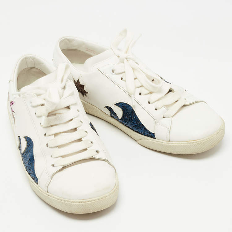 Pre Owned Saint Laurent Paris White/Blue Glitter and Leather  Lace Up  Sneakers Size 37