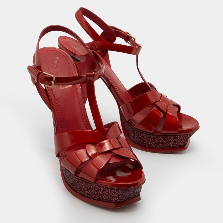مملوكة مسبقًا Yves Saint Laurent Orange Patent Leather Tribute Platform Sandals Size 39.5