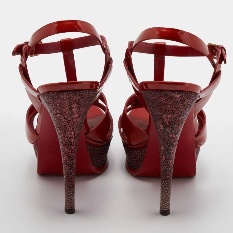 مملوكة مسبقًا Yves Saint Laurent Orange Patent Leather Tribute Platform Sandals Size 39.5