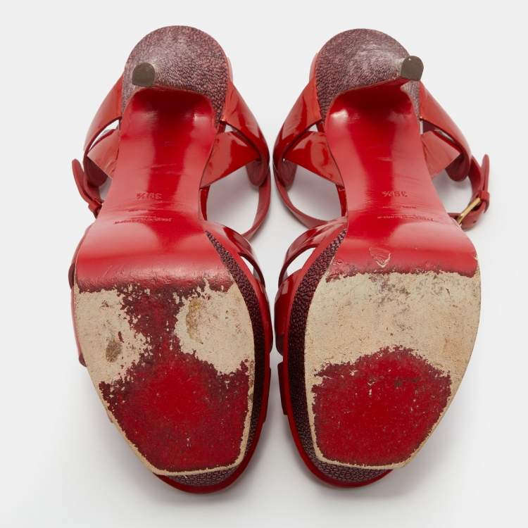 مملوكة مسبقًا Yves Saint Laurent Orange Patent Leather Tribute Platform Sandals Size 39.5