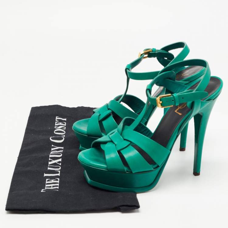 Pre Owned Saint Laurent Green Leather Tribute Sandals Size 35