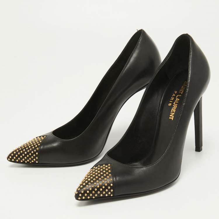 Pre Owned Saint Laurent Black Studded Leather Janis Pointed Toe Pumps Size 36
