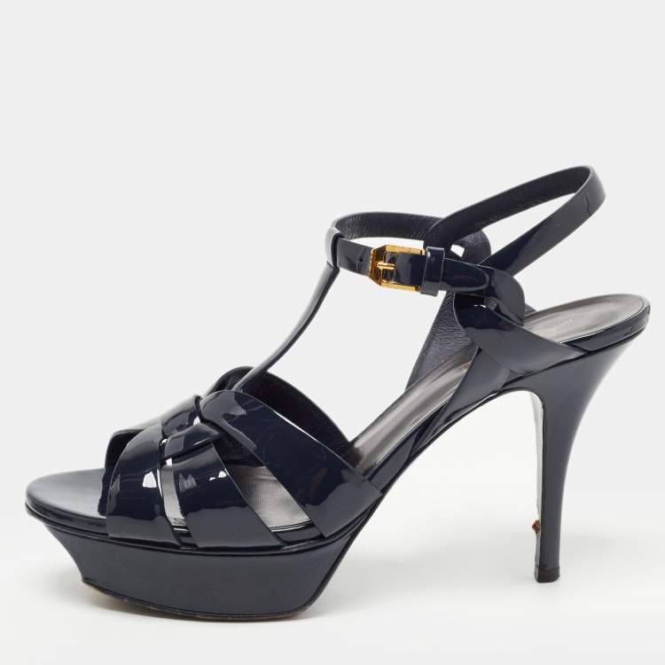 Pre Owned Saint Laurent Navy Blue Patent Leather Tribute Sandals Size 38.5