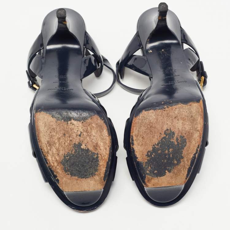 Pre Owned Saint Laurent Navy Blue Patent Leather Tribute Sandals Size 38.5