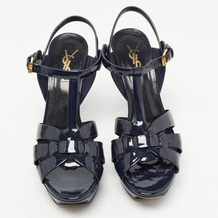 Pre Owned Saint Laurent Navy Blue Patent Leather Tribute Sandals Size 38.5