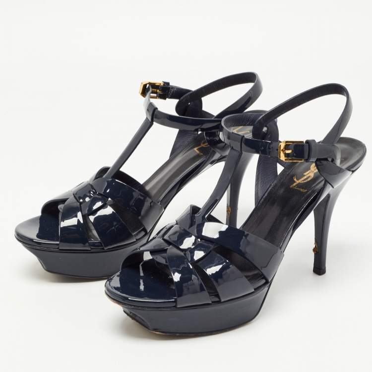 Pre Owned Saint Laurent Navy Blue Patent Leather Tribute Sandals Size 38.5