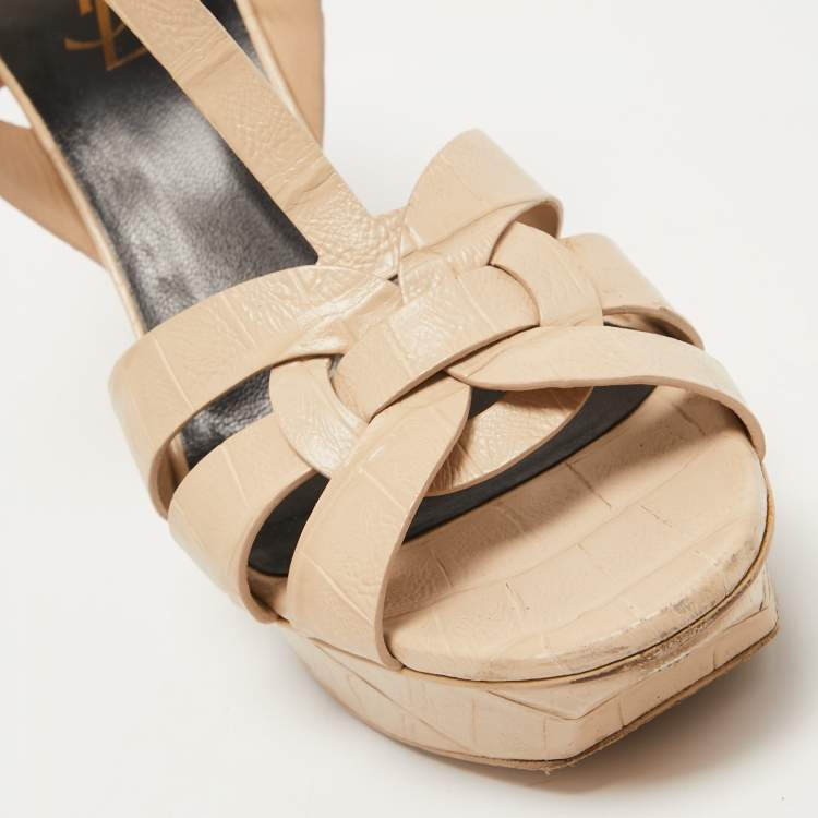 Pre Owned Saint Laurent Beige Croc Embossed Leather Tribute Sandals Size 40 
