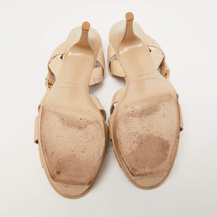 Pre Owned Saint Laurent Beige Croc Embossed Leather Tribute Sandals Size 40 