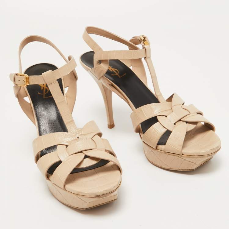 Pre Owned Saint Laurent Beige Croc Embossed Leather Tribute Sandals Size 40 