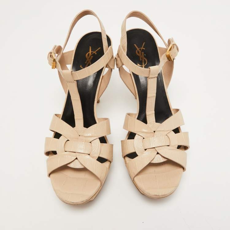 Pre Owned Saint Laurent Beige Croc Embossed Leather Tribute Sandals Size 40 