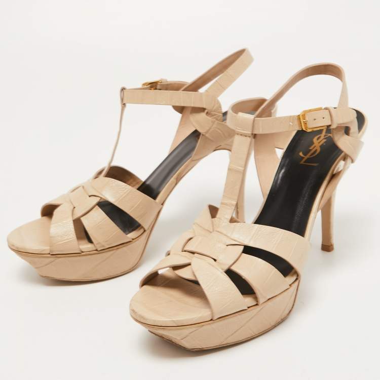 Pre Owned Saint Laurent Beige Croc Embossed Leather Tribute Sandals Size 40 