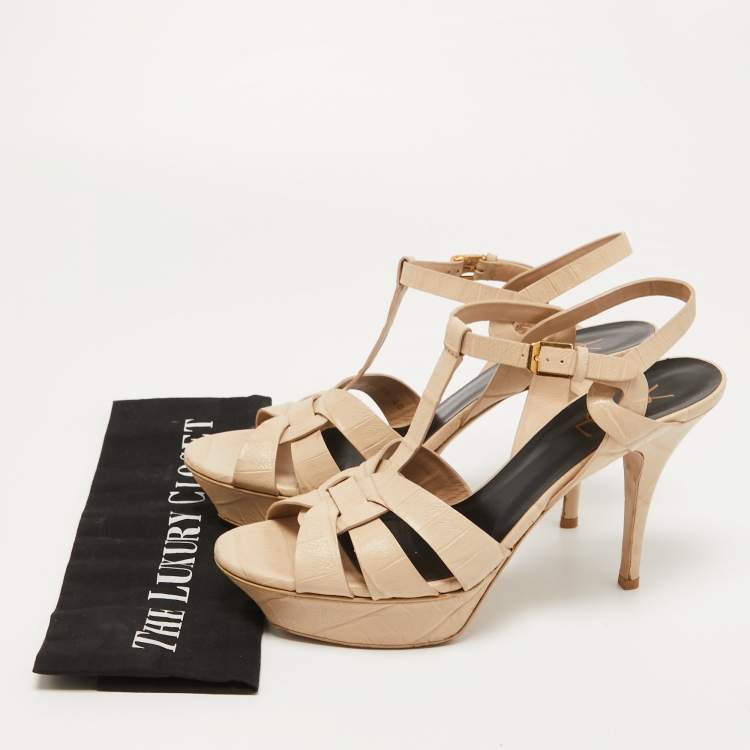 Pre Owned Saint Laurent Beige Croc Embossed Leather Tribute Sandals Size 40 