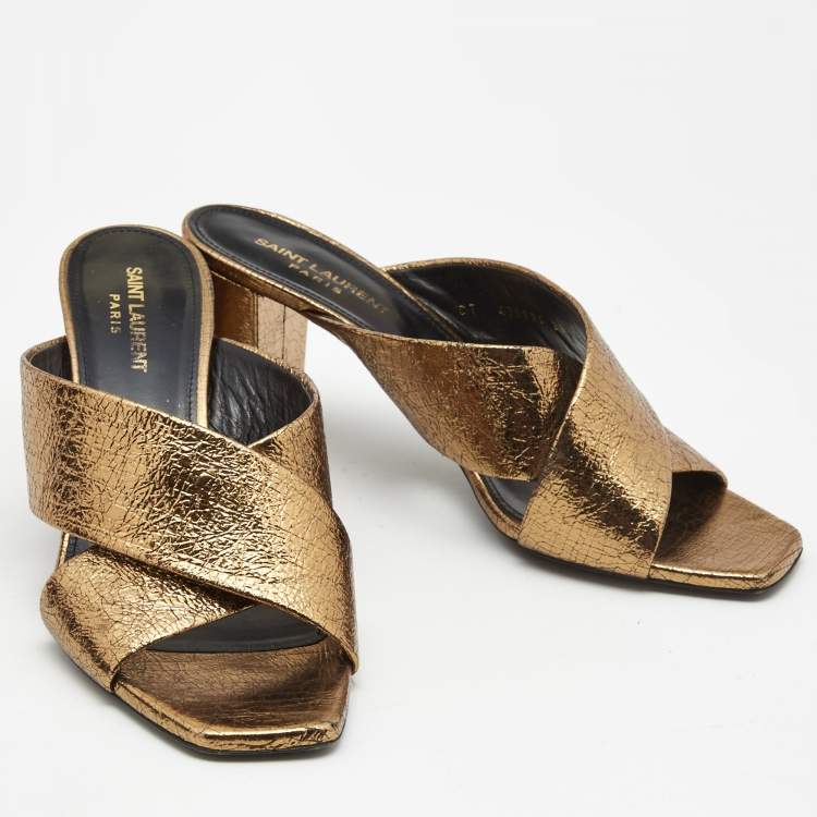 Pre Owned Saint Laurent Metallic Textured Leather Loulou Slide Sandals Size 39.5
