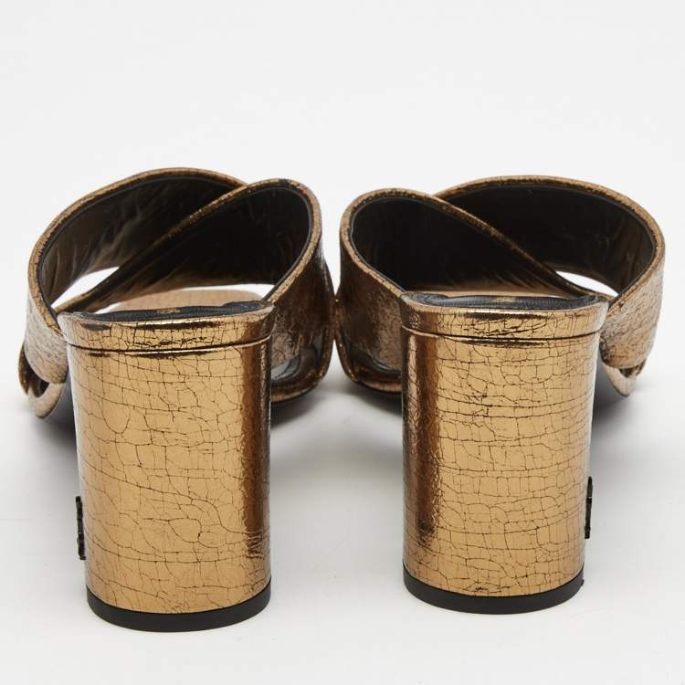 Pre Owned Saint Laurent Metallic Textured Leather Loulou Slide Sandals Size 39.5