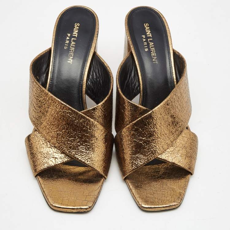 Pre Owned Saint Laurent Metallic Textured Leather Loulou Slide Sandals Size 39.5