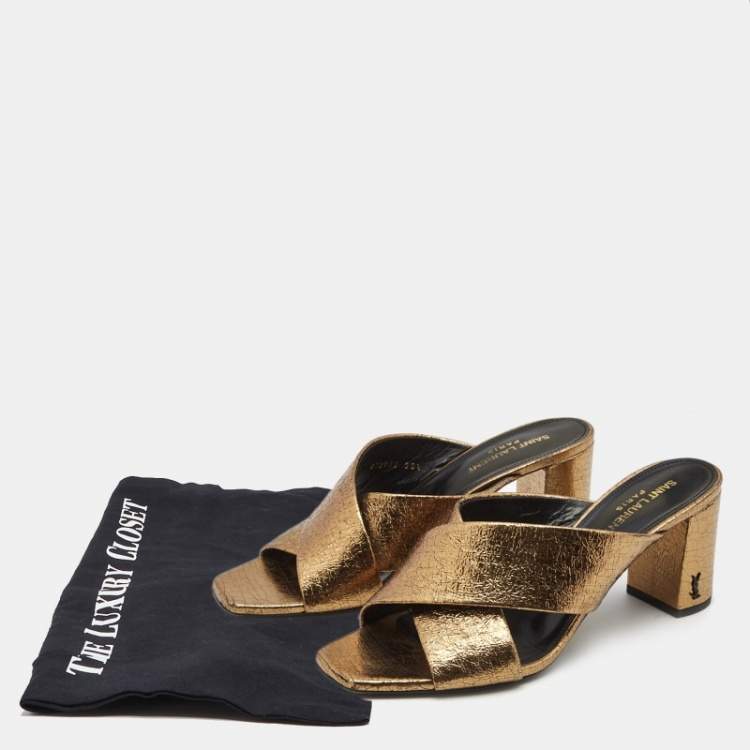 Pre Owned Saint Laurent Metallic Textured Leather Loulou Slide Sandals Size 39.5