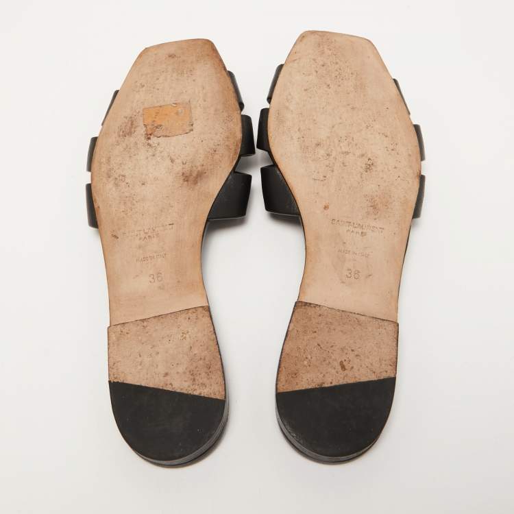 Pre Owned Saint Laurent Black Leather Tribute  Flat Slides Size 36