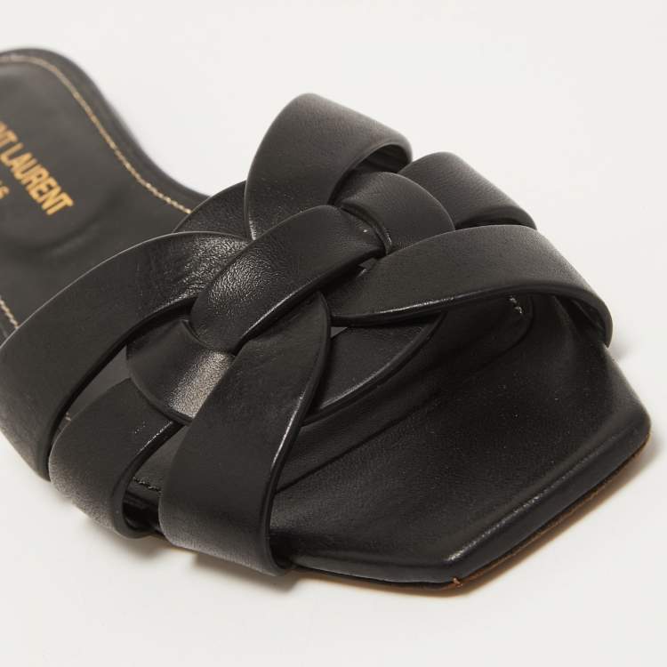 Pre Owned Saint Laurent Black Leather Tribute  Flat Slides Size 36