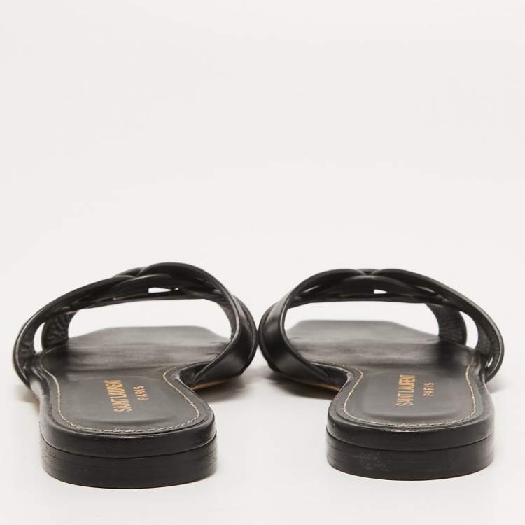 Pre Owned Saint Laurent Black Leather Tribute  Flat Slides Size 36