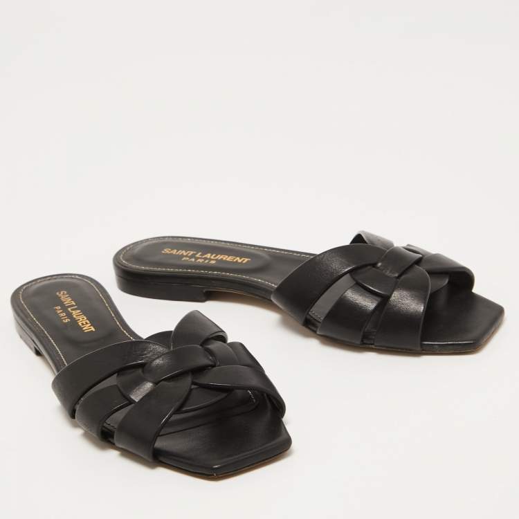 Pre Owned Saint Laurent Black Leather Tribute  Flat Slides Size 36