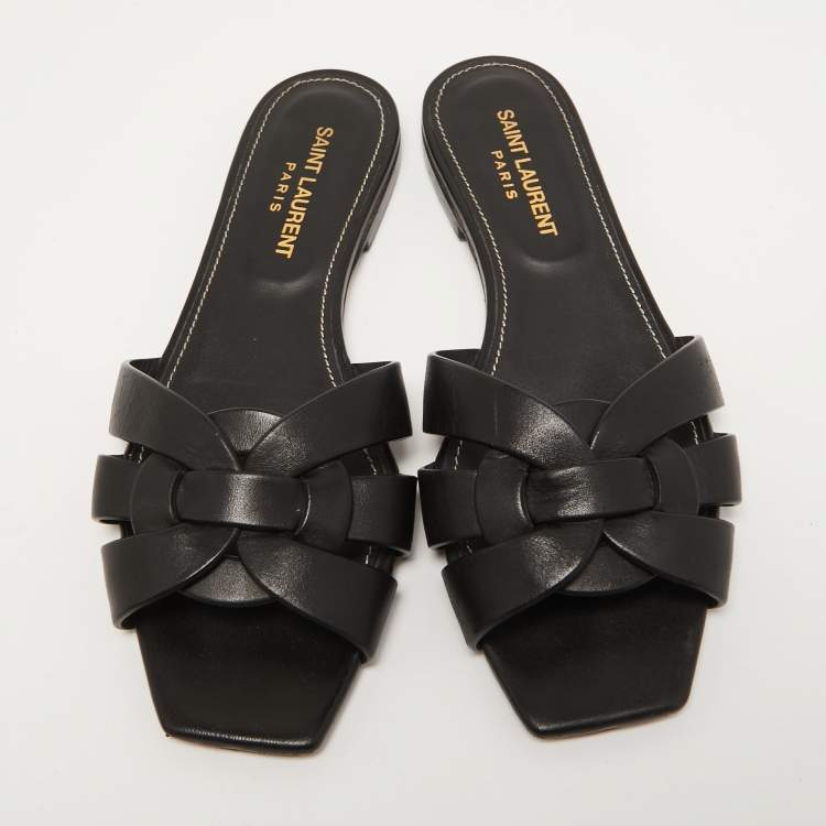 Pre Owned Saint Laurent Black Leather Tribute  Flat Slides Size 36