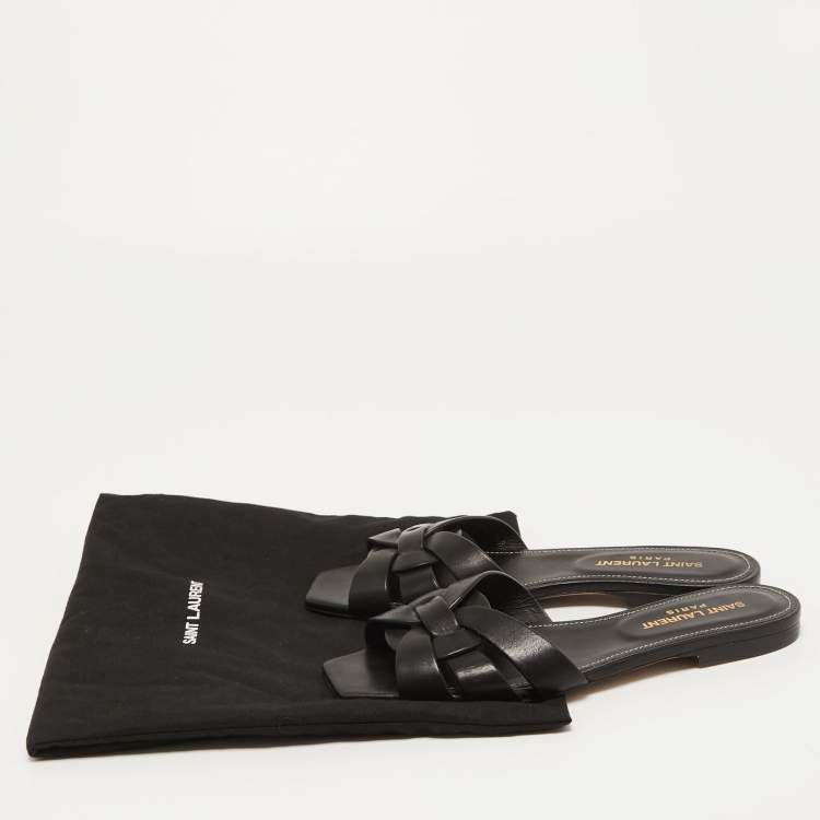 Pre Owned Saint Laurent Black Leather Tribute  Flat Slides Size 36