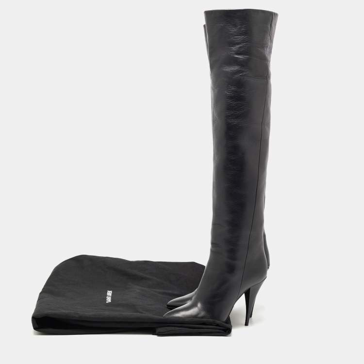 Pre Owned Saint Laurent Paris Black Leather Knee Length Boots Size 37