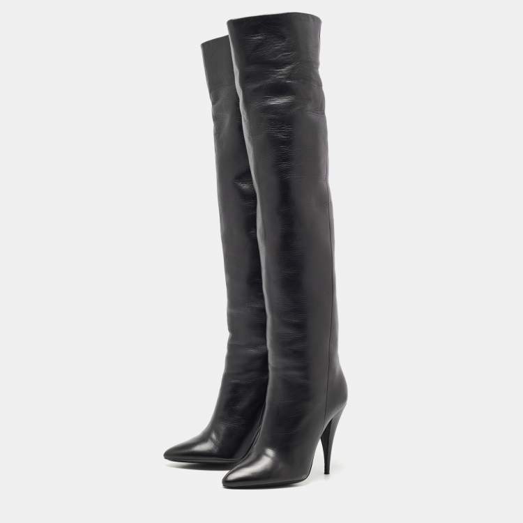 Pre Owned Saint Laurent Paris Black Leather Knee Length Boots Size 37