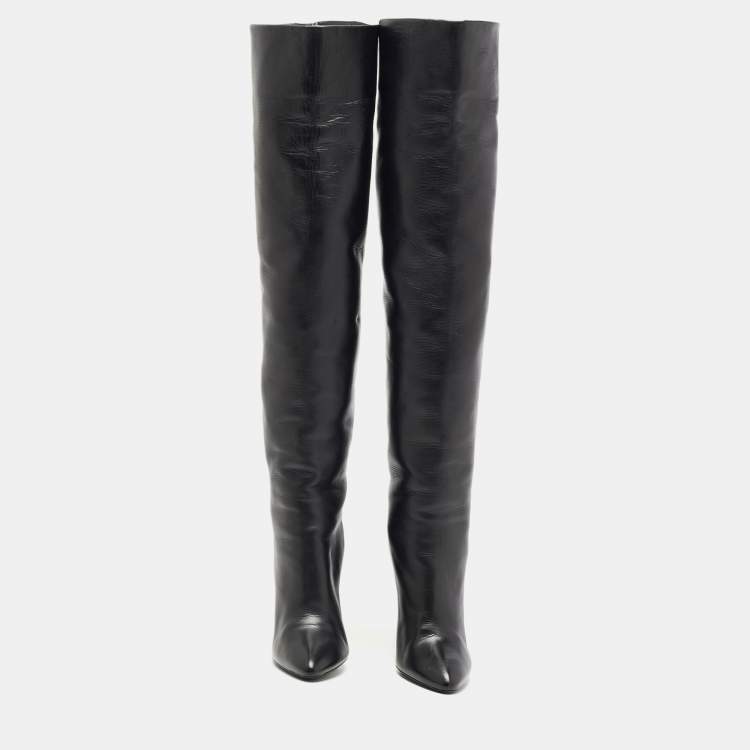 Pre Owned Saint Laurent Paris Black Leather Knee Length Boots Size 37
