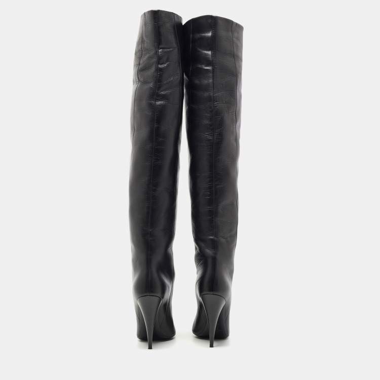Pre Owned Saint Laurent Paris Black Leather Knee Length Boots Size 37