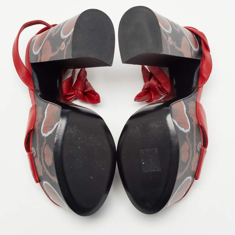 Pre Owned Saint Laurent Paris Red Leather Ankle Wrap Sandals Size 37