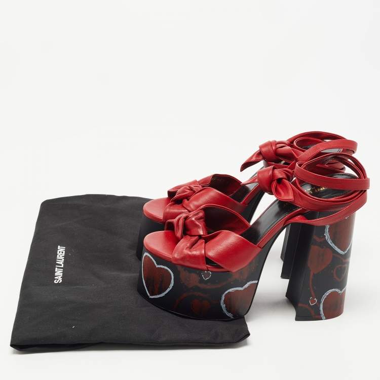 Pre Owned Saint Laurent Paris Red Leather Ankle Wrap Sandals Size 37