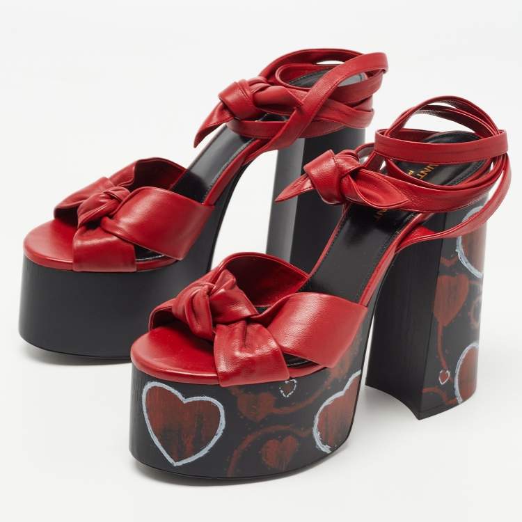 Pre Owned Saint Laurent Paris Red Leather Ankle Wrap Sandals Size 37