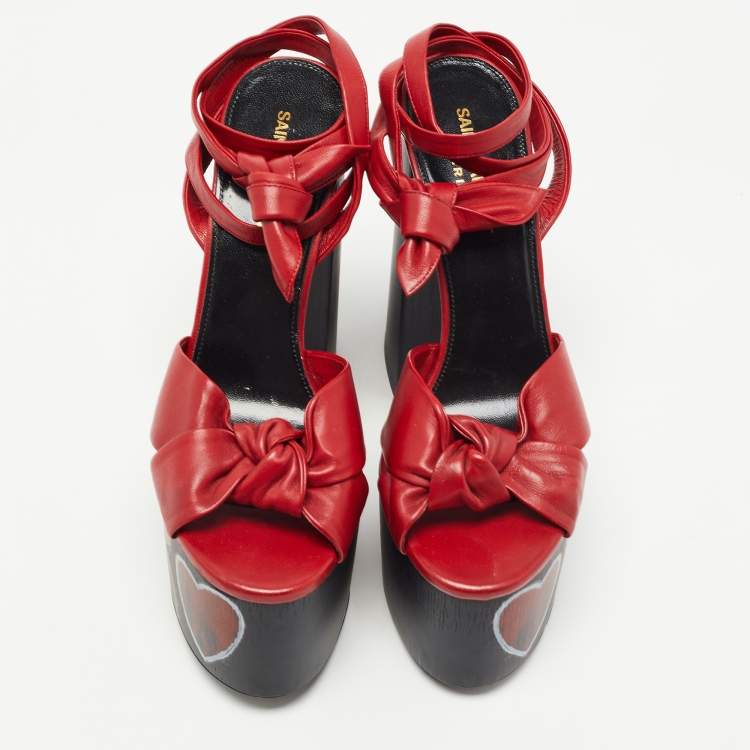 Pre Owned Saint Laurent Paris Red Leather Ankle Wrap Sandals Size 37