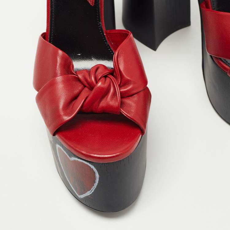 Pre Owned Saint Laurent Paris Red Leather Ankle Wrap Sandals Size 37