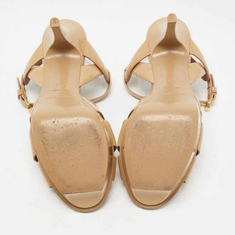 Pre Owned Saint Laurent Paris Beige Patent Leather Tribute Sandals Size 36