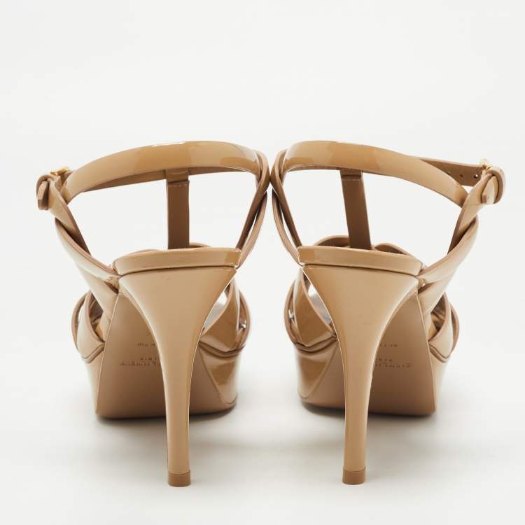 Pre Owned Saint Laurent Paris Beige Patent Leather Tribute Sandals Size 36