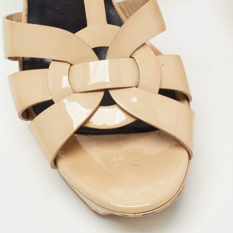 Pre Owned Saint Laurent Beige Patent Leather Tribute Sandals Size 41
