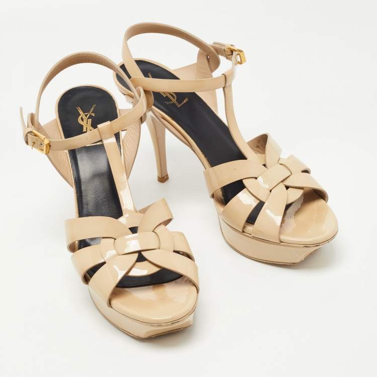 Pre Owned Saint Laurent Beige Patent Leather Tribute Sandals Size 41
