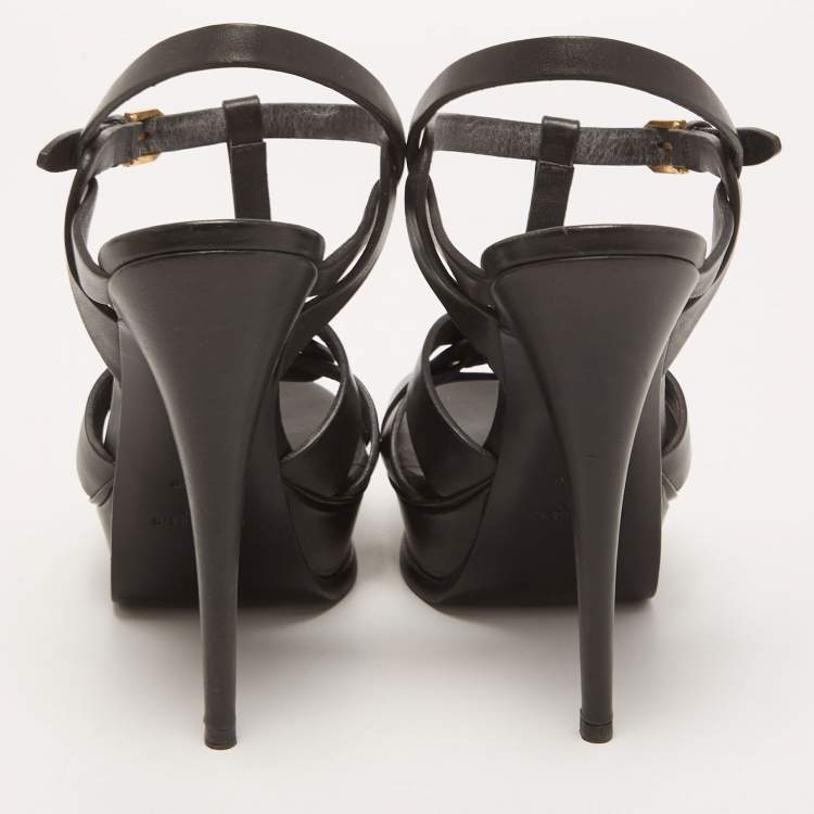 مملوكة مسبقًا Saint Laurent Black Leather Tribute Sandals Size 40