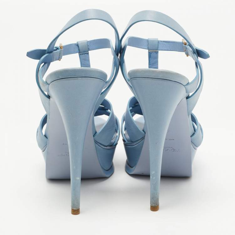 Pre Owned Saint Laurent Light Blue Leather Tribute Sandals Size 40