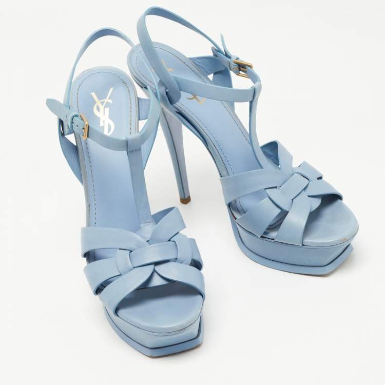 Pre Owned Saint Laurent Light Blue Leather Tribute Sandals Size 40