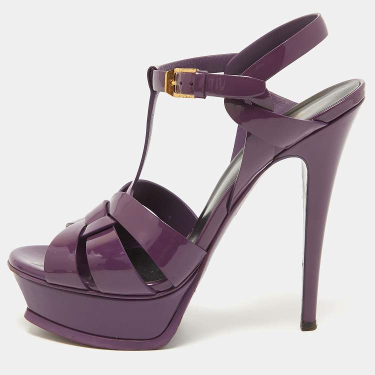 Pre Owned Saint Laurent Purple Patent Leather Tribute Sandals Size 37.5