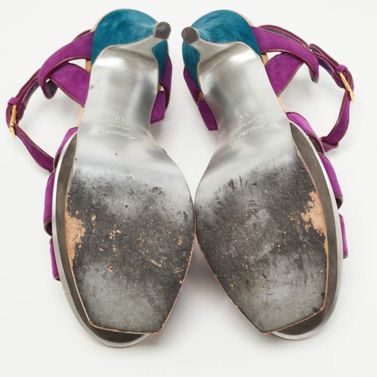 Pre Owned Saint Laurent Multicolor Suede and Leather Tribute Sandals Size 39